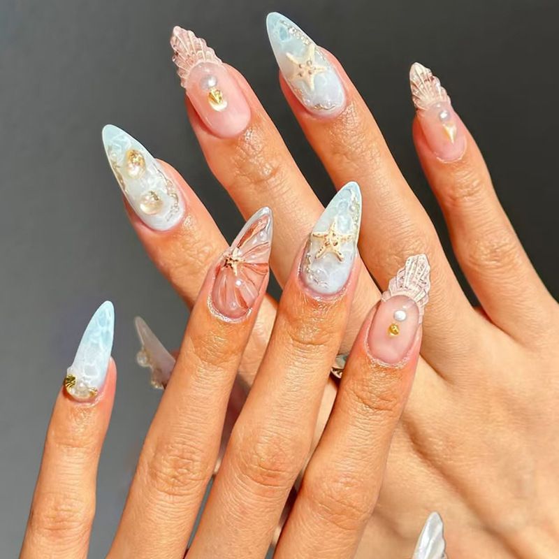 Beach Seashell Pearl Blue Short Almond Nail