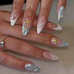 Beach Seashell Pearl Blue Short Almond Nail