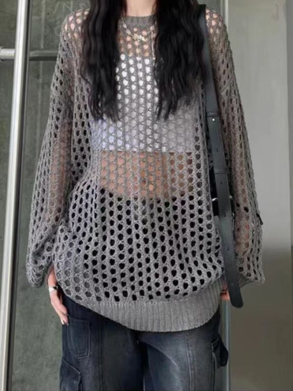 Bohemian Crochet Knit See Through Fishnet Long Sleeve Top Shirts