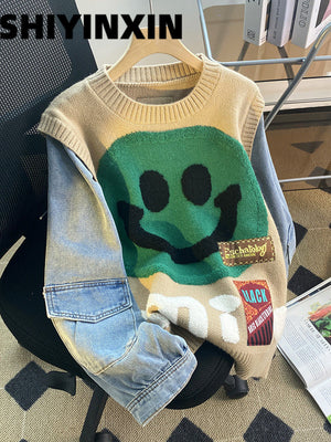 Y2k Aesthetic Smiley Face Color Block Knit Denim Sweatshirt