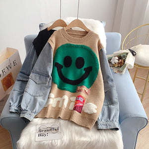 Y2k Aesthetic Smiley Face Color Block Knit Denim Sweatshirt
