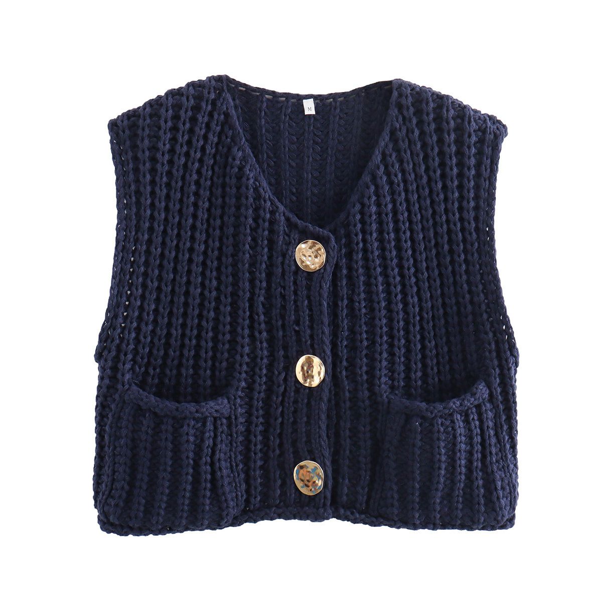 Gold Buttons Patch Pocket Chunky Knit Sweater Vest