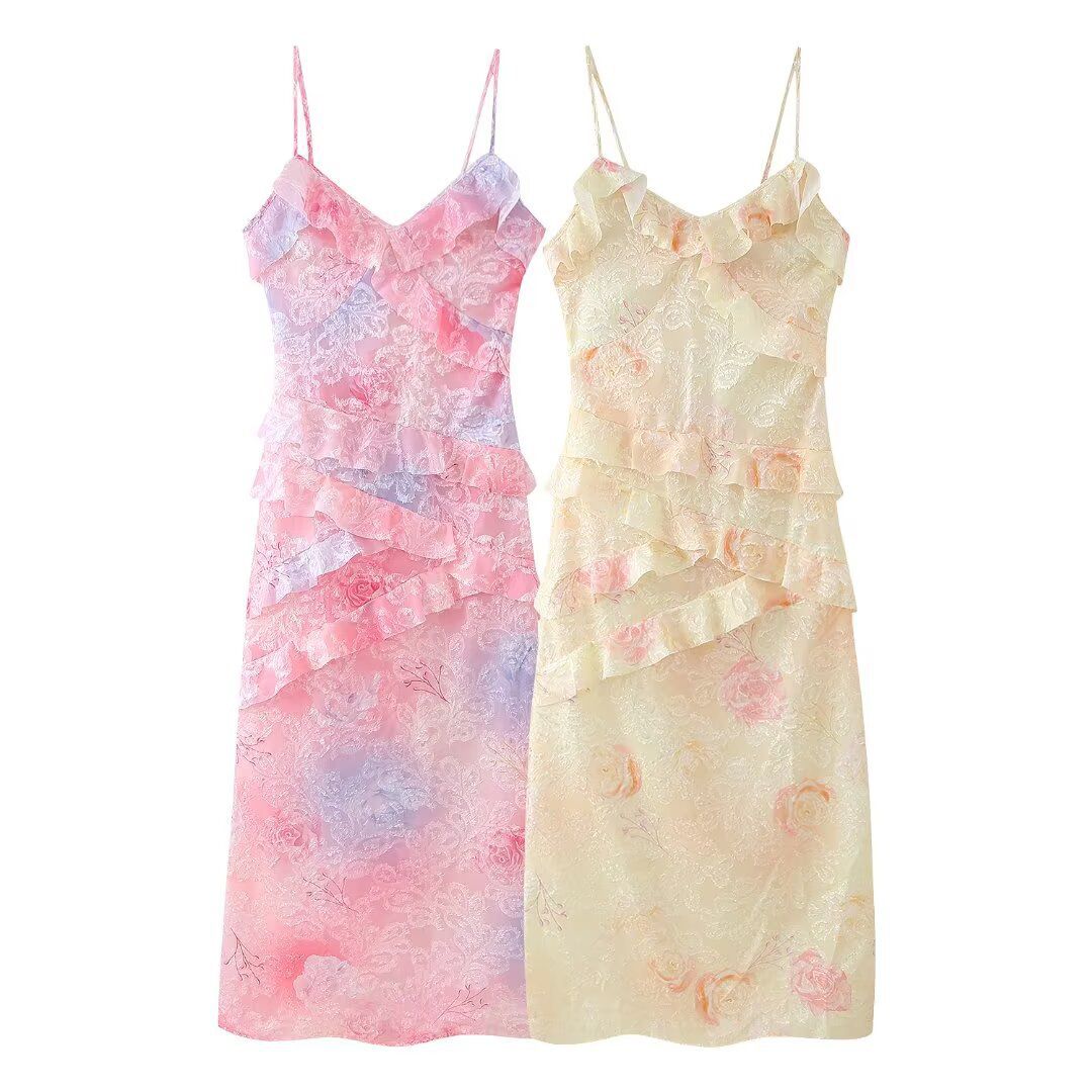 Pastel Fragrance Print Lace Ruffled Maxi Dress