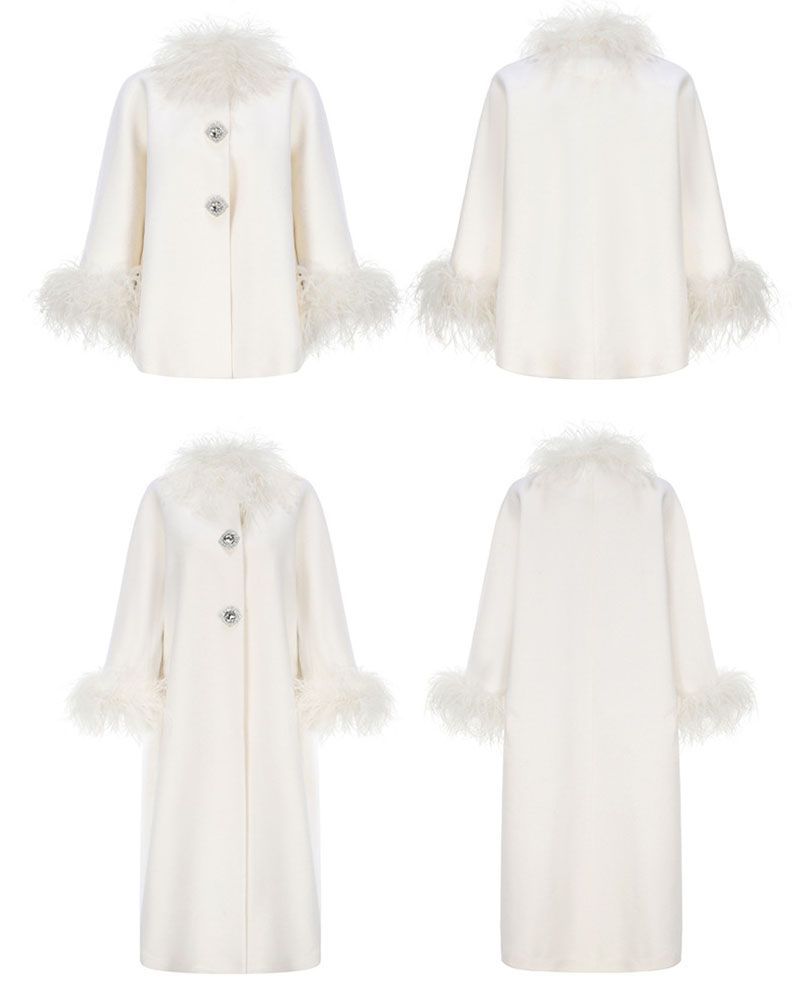 Fluffy Ostrich Feather Collar Woolen Coat