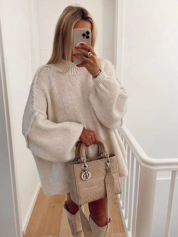 Texture Cozy Knit Oversized Sweater Long Lantern Sleeve