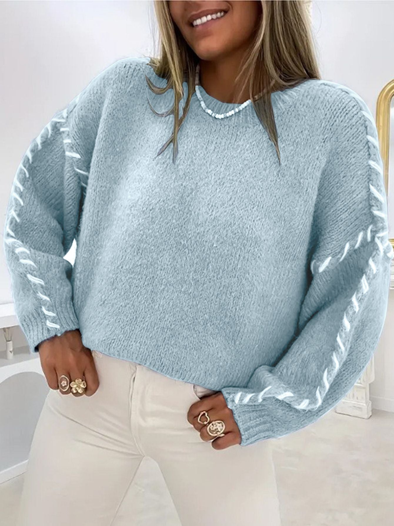 Whipstitch Oversized Simple Sweater With Ballon Sleeve