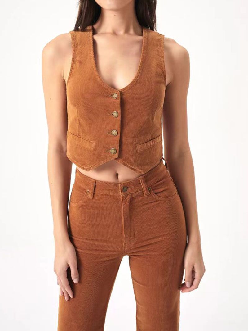 Cowgirl Button Rib Tan Cord Vest Suit