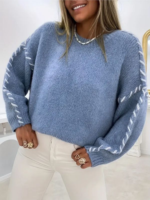 Whipstitch Oversized Simple Sweater With Ballon Sleeve