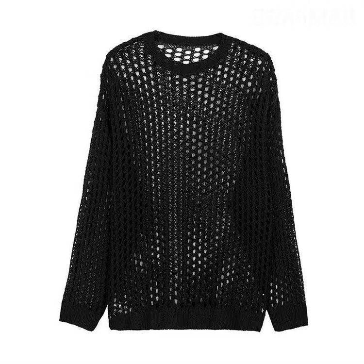 Bohemian Crochet Knit See Through Fishnet Long Sleeve Top Shirts