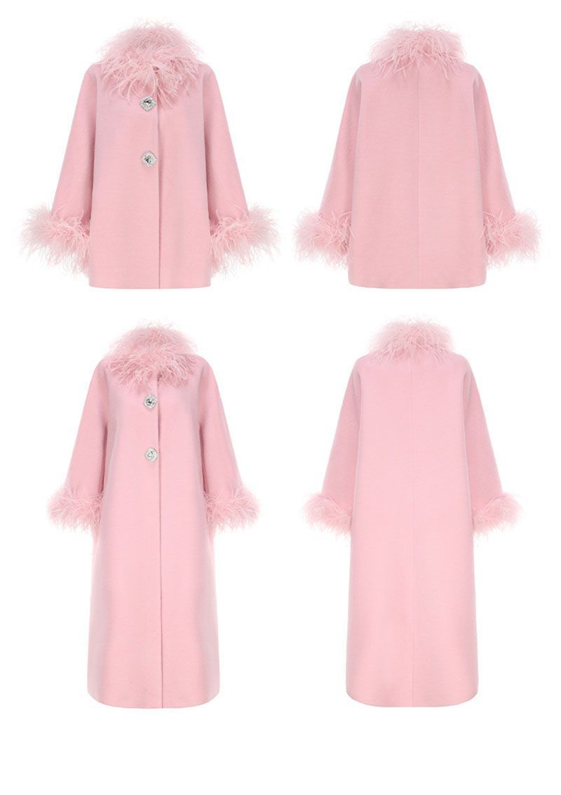 Fluffy Ostrich Feather Collar Woolen Coat