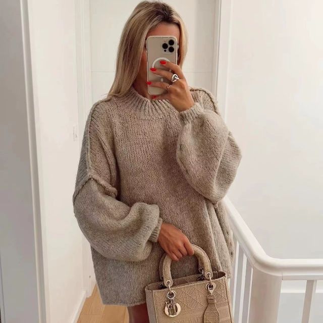 Texture Cozy Knit Oversized Sweater Long Lantern Sleeve