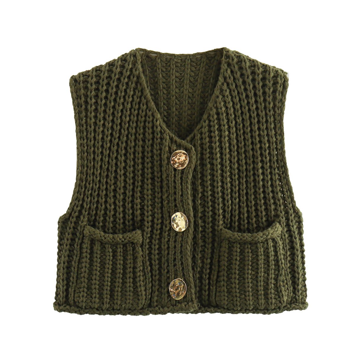 Gold Buttons Patch Pocket Chunky Knit Sweater Vest