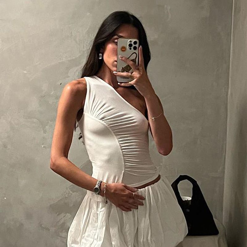 Irregular One Shoulder Sleeveless Ruched Tank Shirts Top