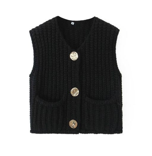 Gold Buttons Patch Pocket Chunky Knit Sweater Vest