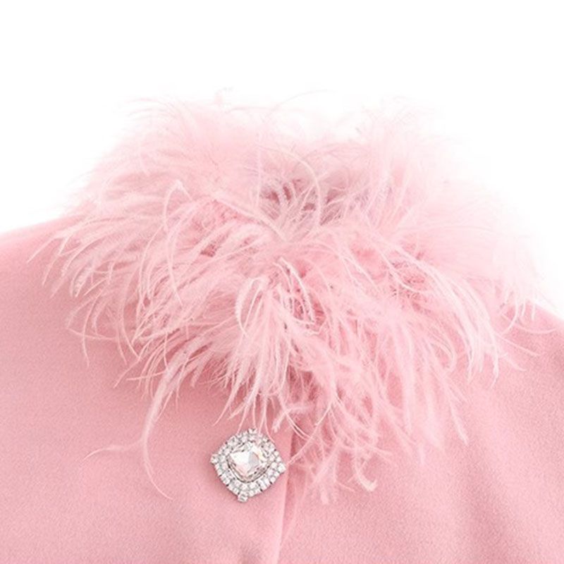 Fluffy Ostrich Feather Collar Woolen Coat