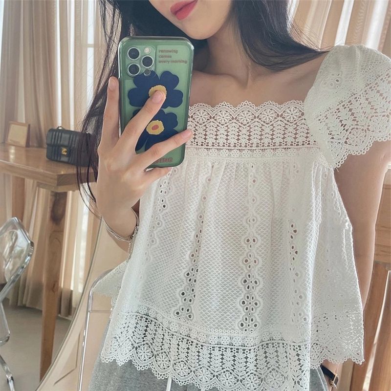 Tummy Hide Eyelet Crochet Lace Peplum Hem Blouse Tops