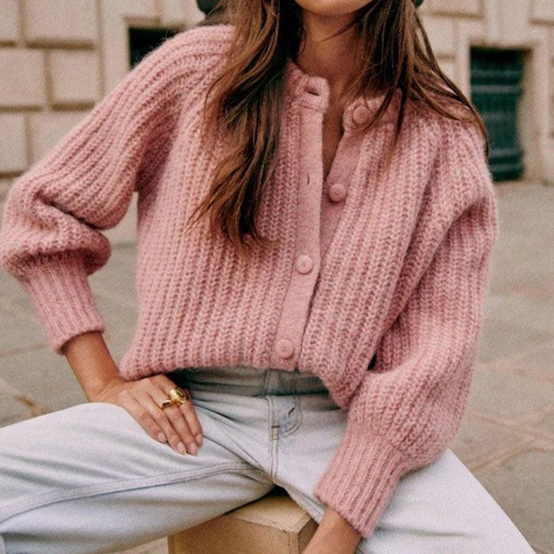 Mottled Pink Ribbed Round Neck Button Up Cardigan Sweater sunifty