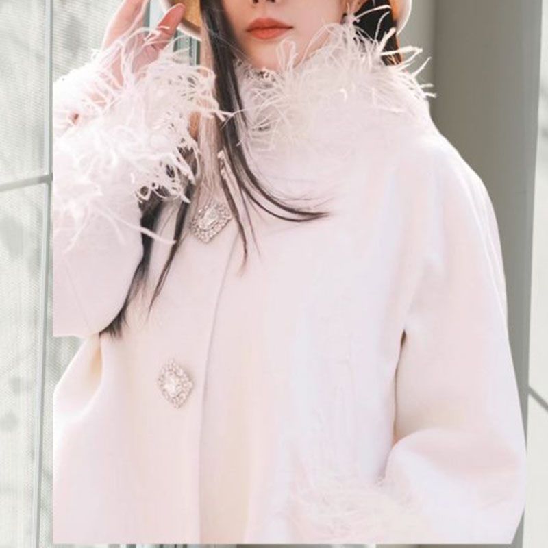 Fluffy Ostrich Feather Collar Woolen Coat