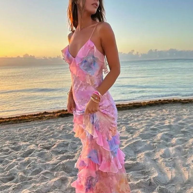 Pastel Fragrance Print Lace Ruffled Maxi Dress