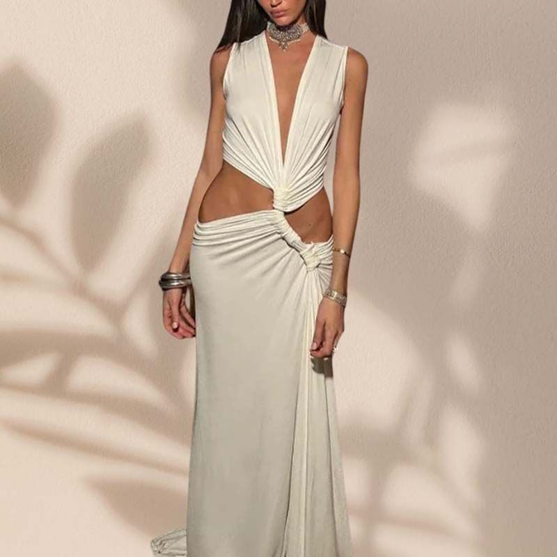 Pleated Triple Loop Twist Cutout Slit Stretch Maxi Dress