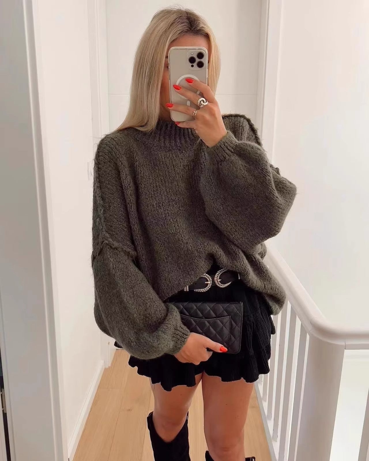 Texture Cozy Knit Oversized Sweater Long Lantern Sleeve