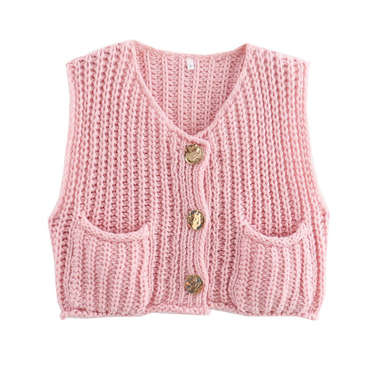 Gold Buttons Patch Pocket Chunky Knit Sweater Vest