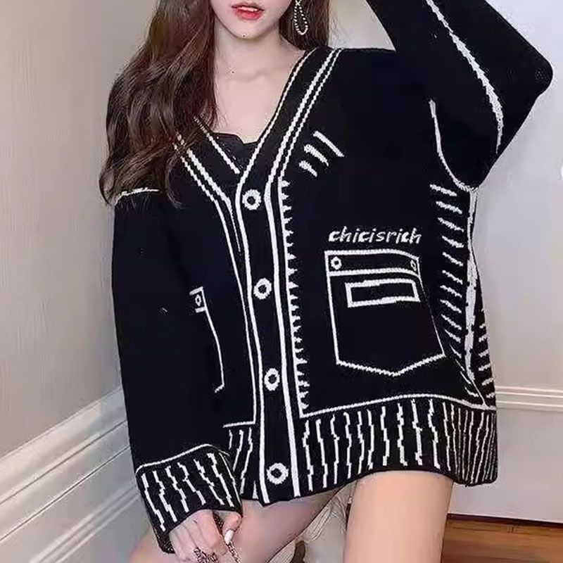 Vector Graffiti Loose V-neck Cardigan Sweater Coats