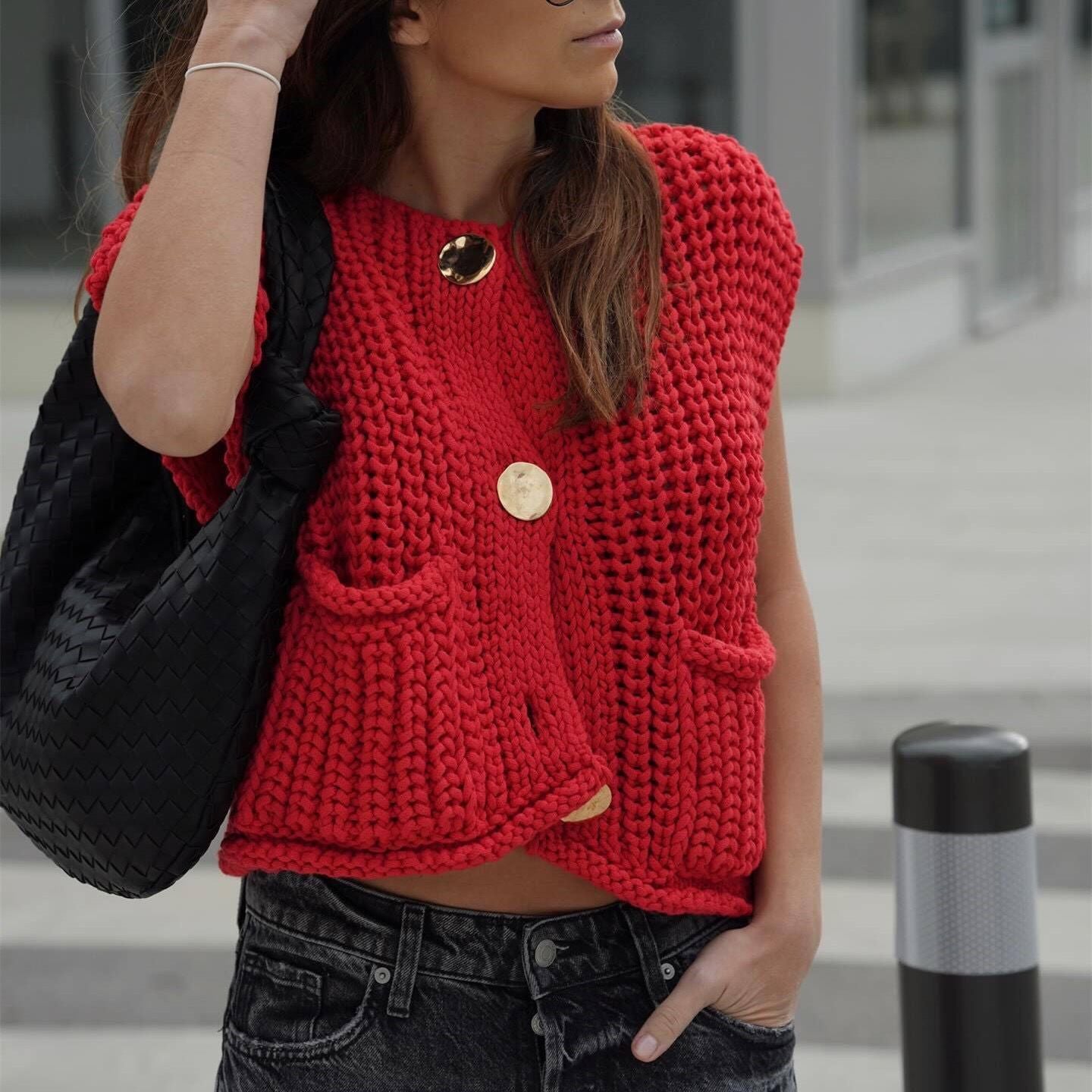 Gold Buttons Patch Pocket Chunky Knit Sweater Vest