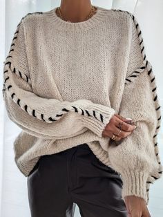 Whipstitch Oversized Simple Sweater With Ballon Sleeve