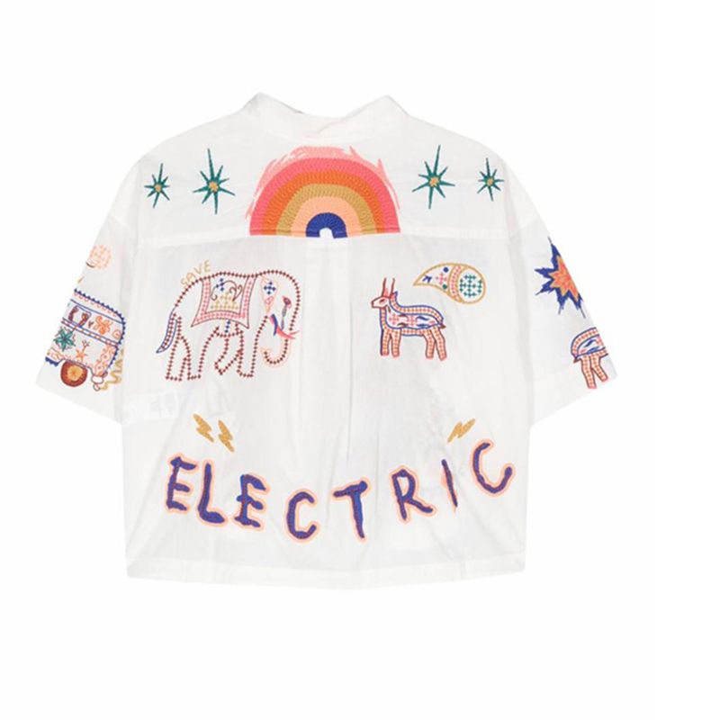 Roomie Electric Embroidered Rainbows Collared Button Down Shirt