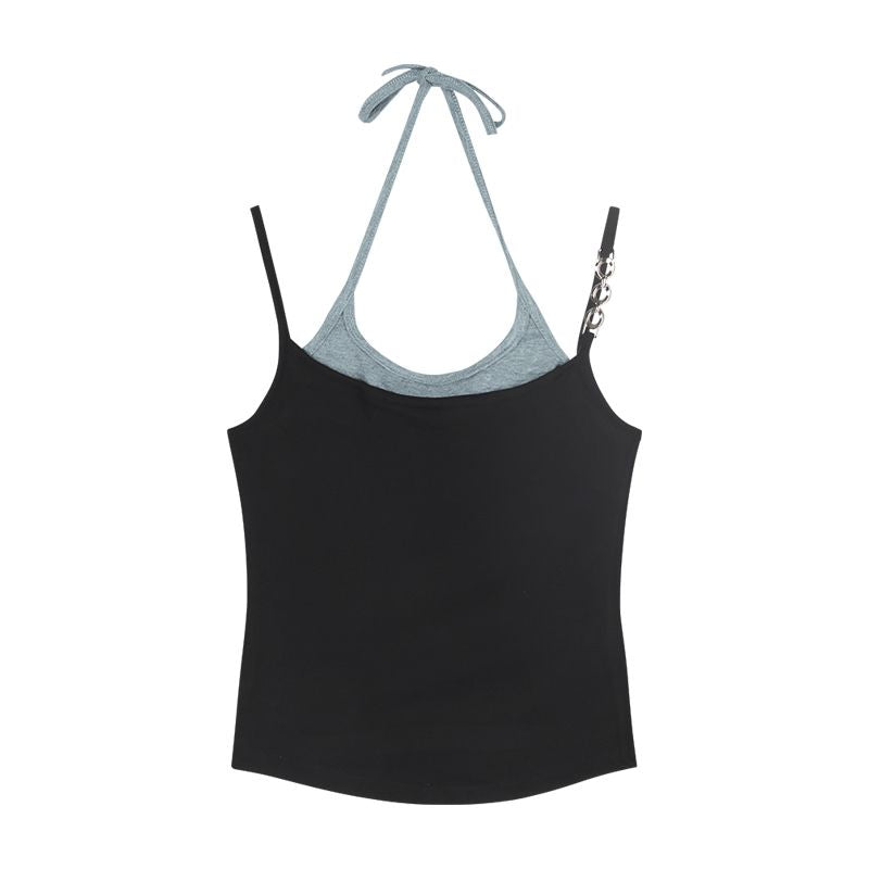 Halter Tie Mock Fake Two Piece Tank Top Crop Top