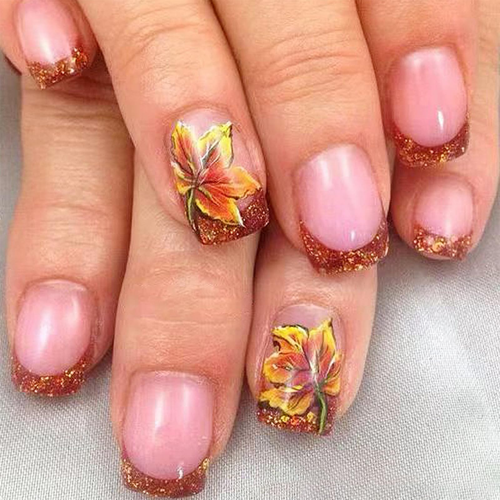 Glitter French Fall Maple Leaf Press on Nails-24pcs