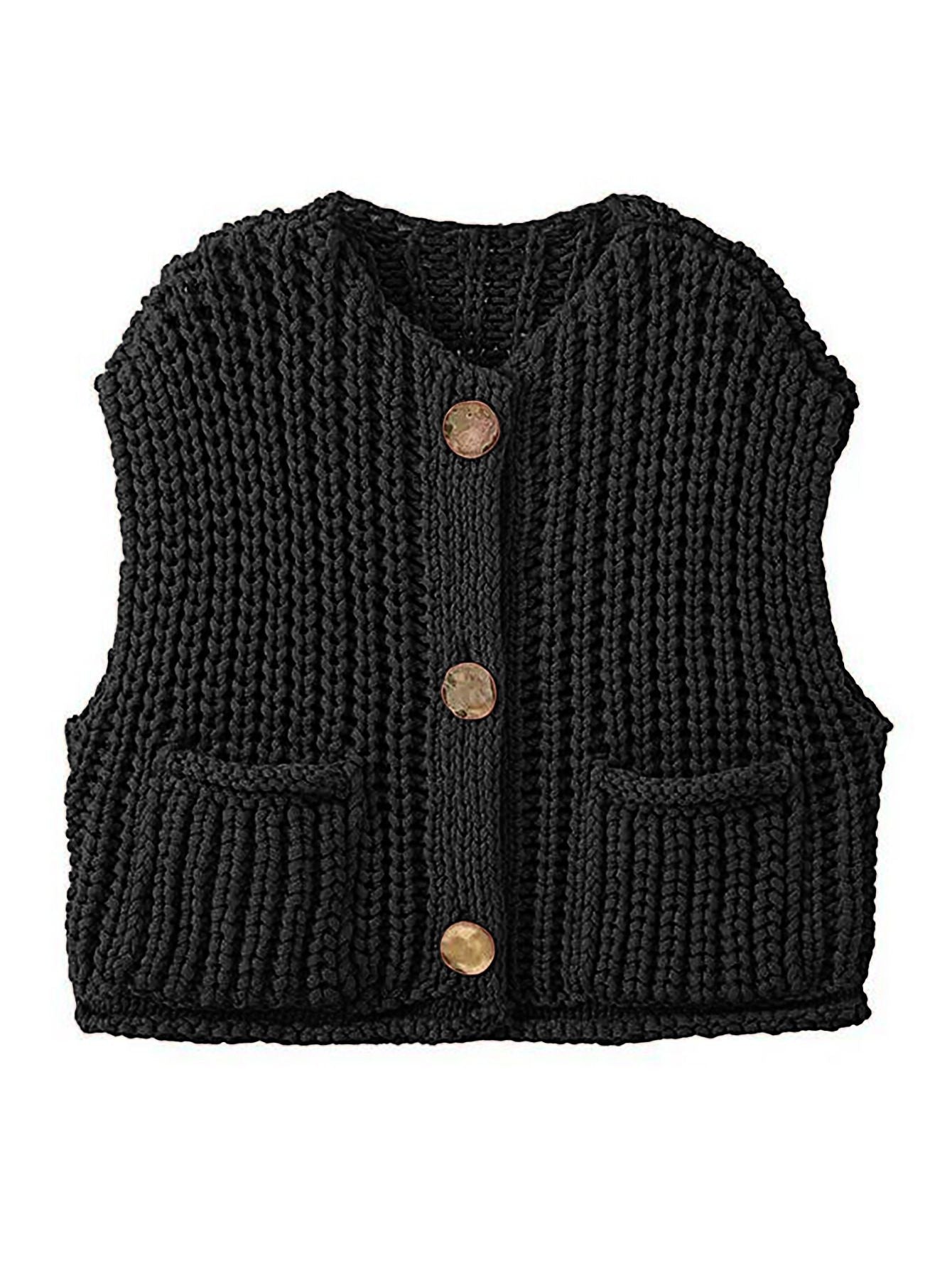 Gold Buttons Patch Pocket Chunky Knit Sweater Vest