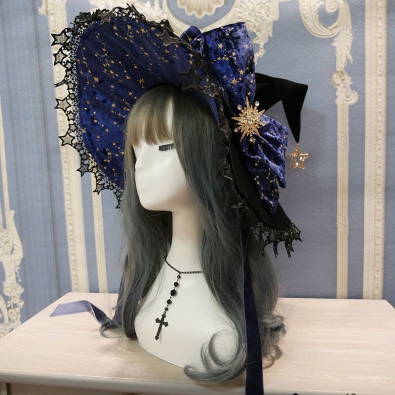 Starry Retro Halloween Witch Hats Masquerade Ribbon Bow Gothic Lolita Wizard Hat