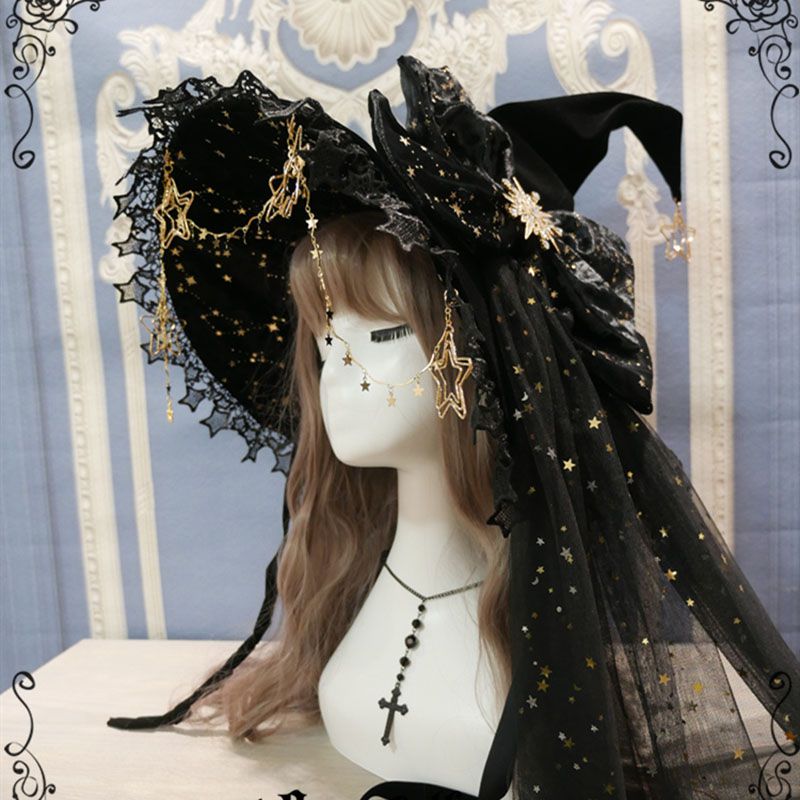 Starry Retro Halloween Witch Hats Masquerade Ribbon Bow Gothic Lolita Wizard Hat