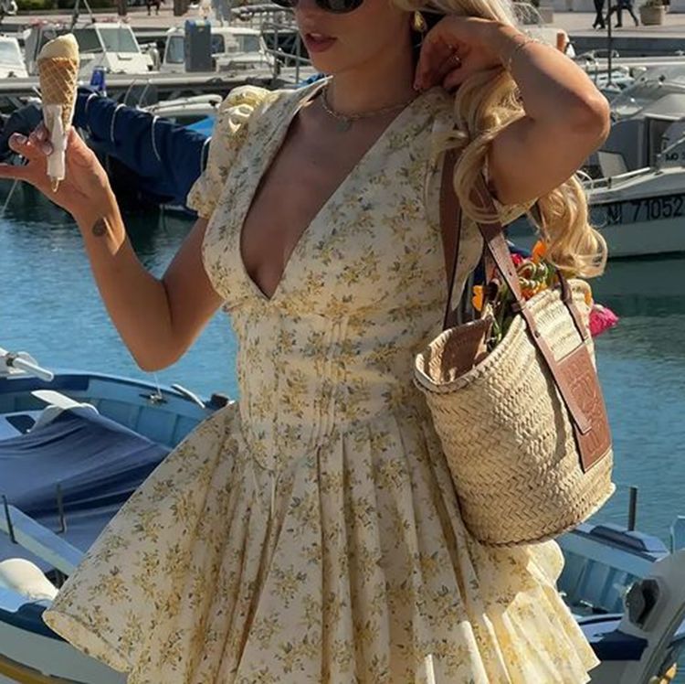 Cottage Yellow Floral V Neck Corset Mini Flowy Dress