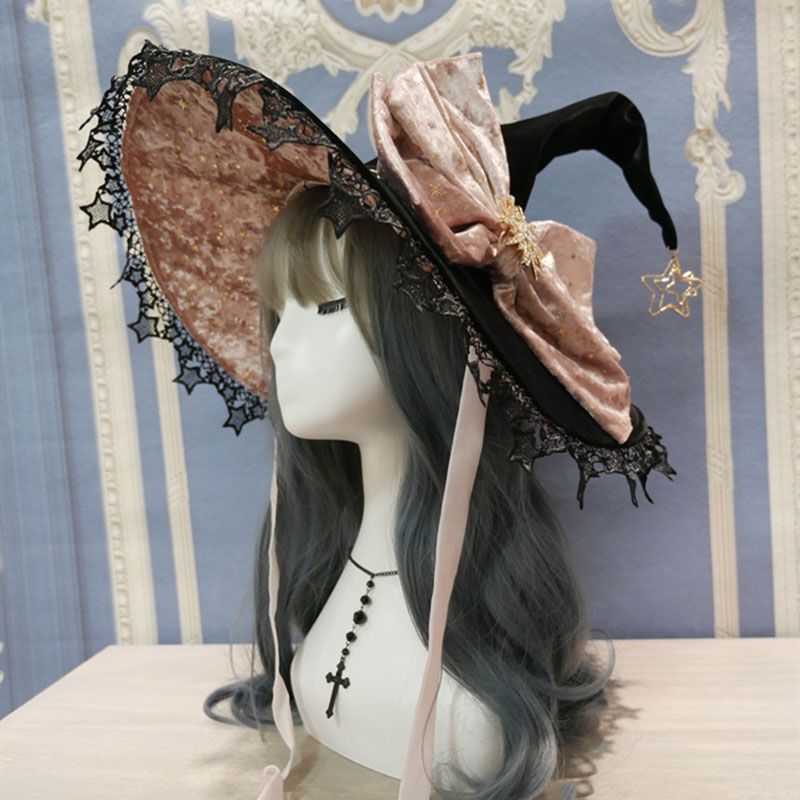 Starry Retro Halloween Witch Hats Masquerade Ribbon Bow Gothic Lolita Wizard Hat