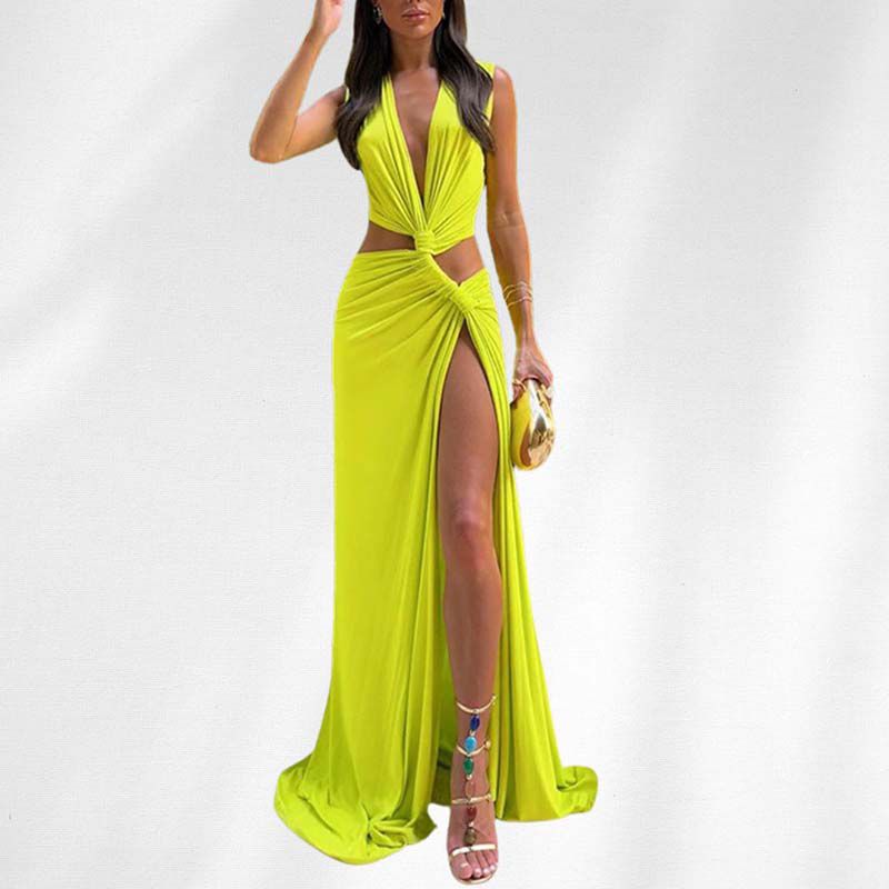 Pleated Triple Loop Twist Cutout Slit Stretch Maxi Dress