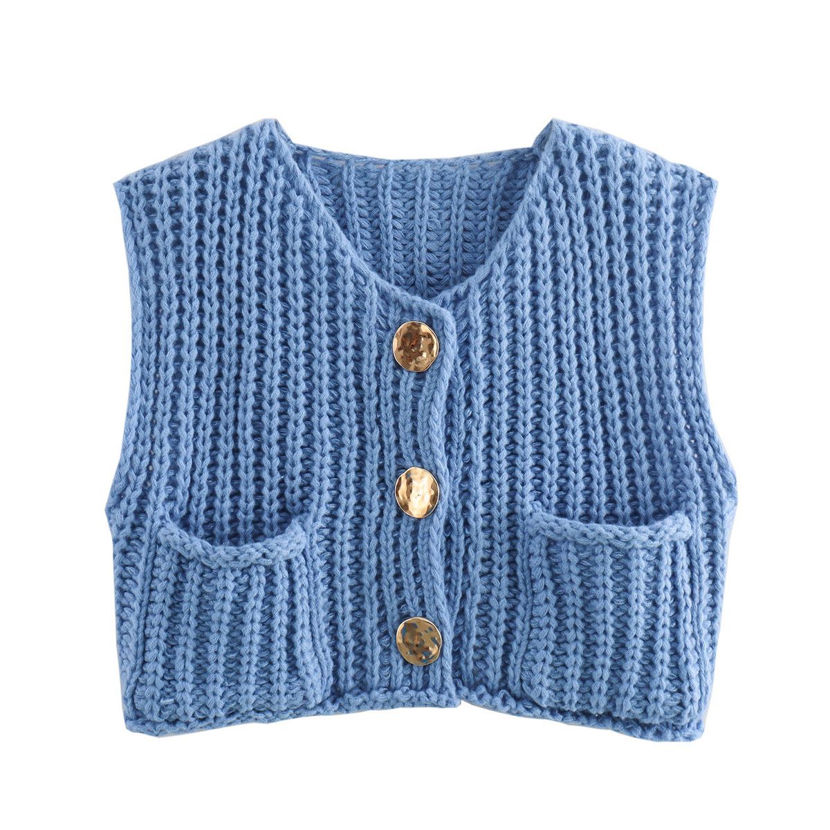 Gold Buttons Patch Pocket Chunky Knit Sweater Vest