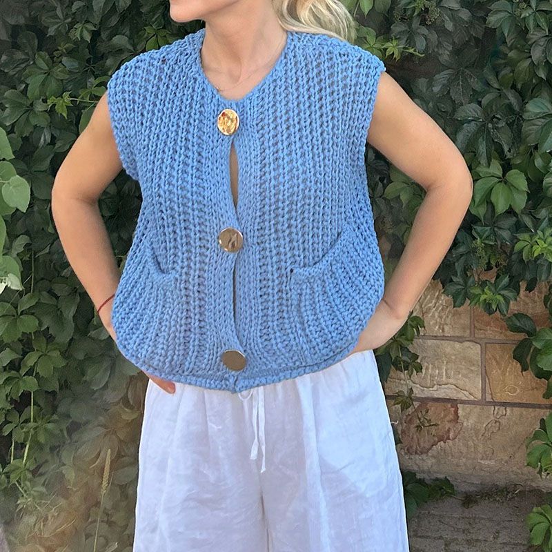 Gold Buttons Patch Pocket Chunky Knit Sweater Vest