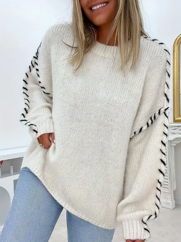 Whipstitch Oversized Simple Sweater With Ballon Sleeve