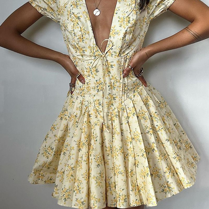 Cottage Yellow Floral V Neck Corset Mini Flowy Dress