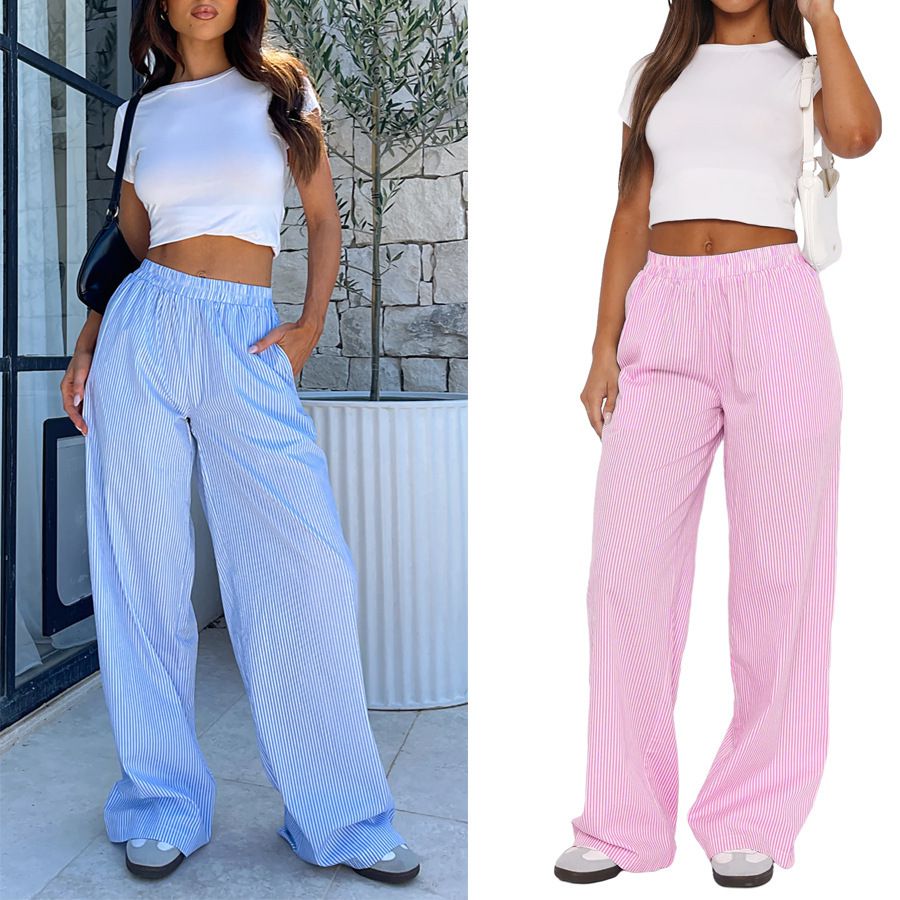 Tie Waist Belted Cigarette Trousers Striped Pants