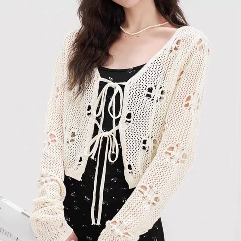 Fairy Hollow Out Crochet Tie Front Crop Top T Shirt Long Sleeve