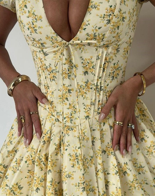 Cottage Yellow Floral V Neck Corset Mini Flowy Dress