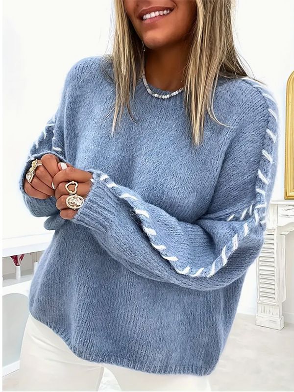 Whipstitch Oversized Simple Sweater With Ballon Sleeve