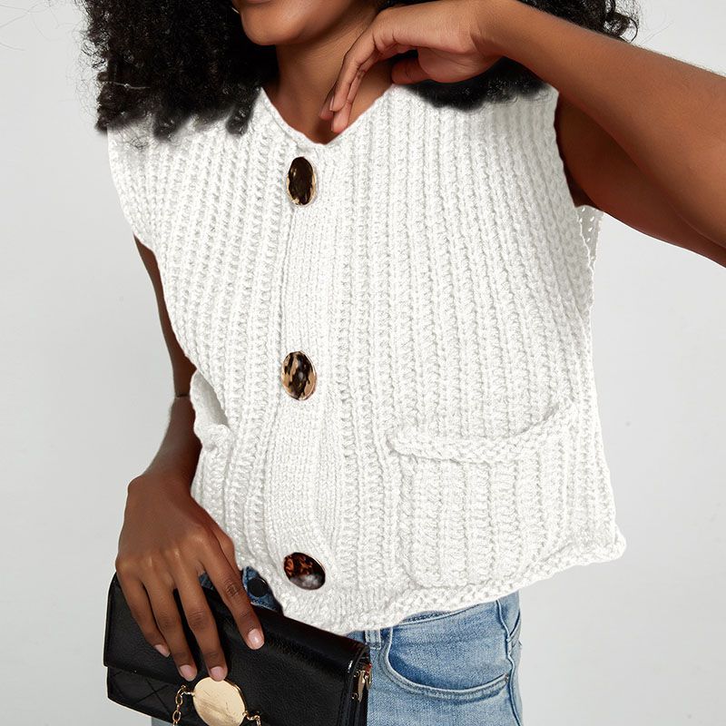 Gold Buttons Patch Pocket Chunky Knit Sweater Vest