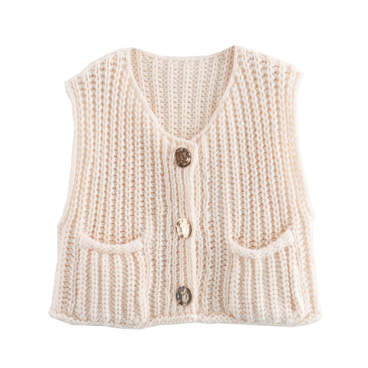 Gold Buttons Patch Pocket Chunky Knit Sweater Vest