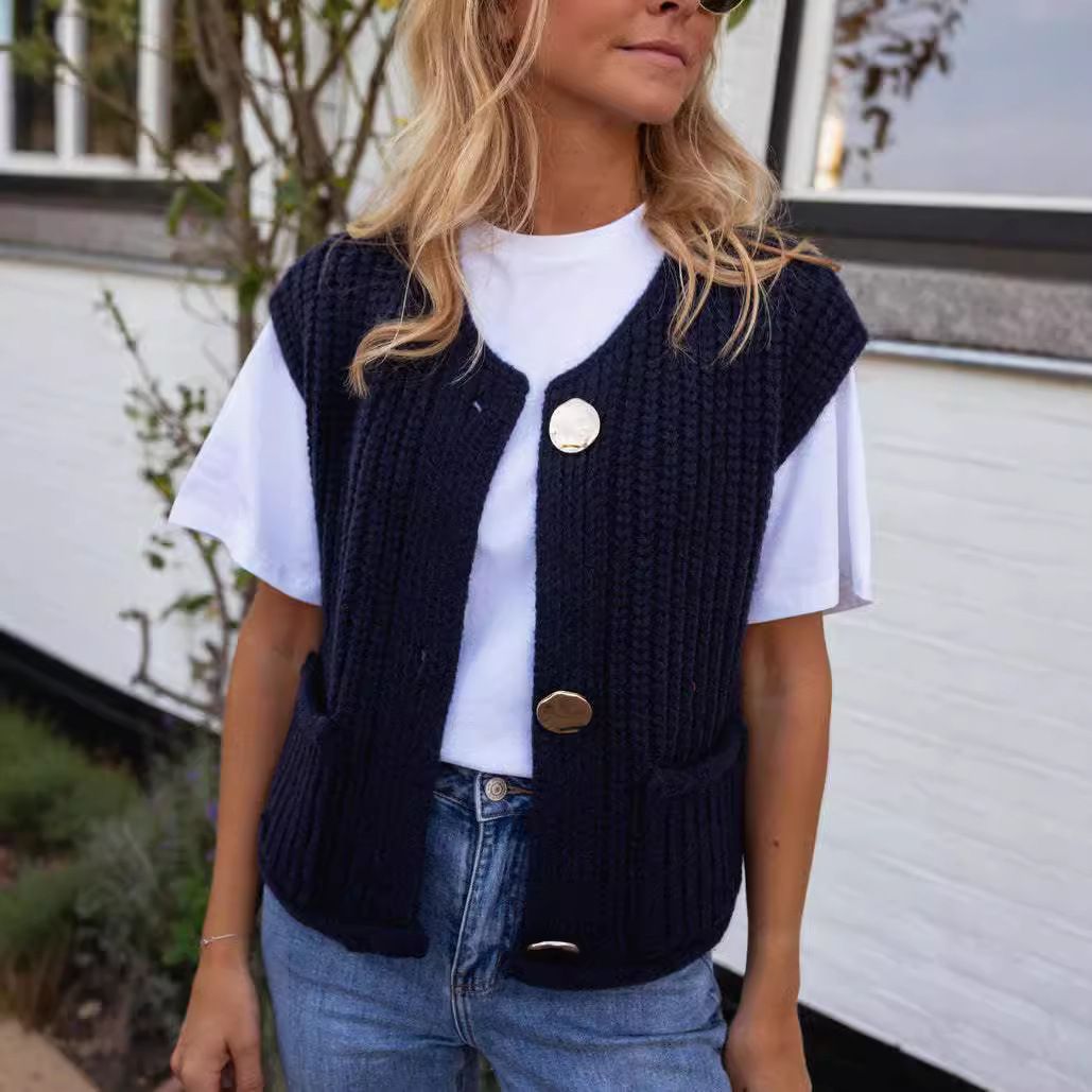 Gold Buttons Patch Pocket Chunky Knit Sweater Vest