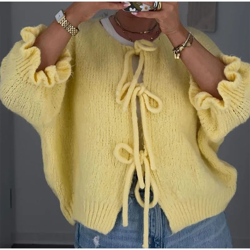 Flutter Sleer Knot Tie Front Up Cardigan Sweater